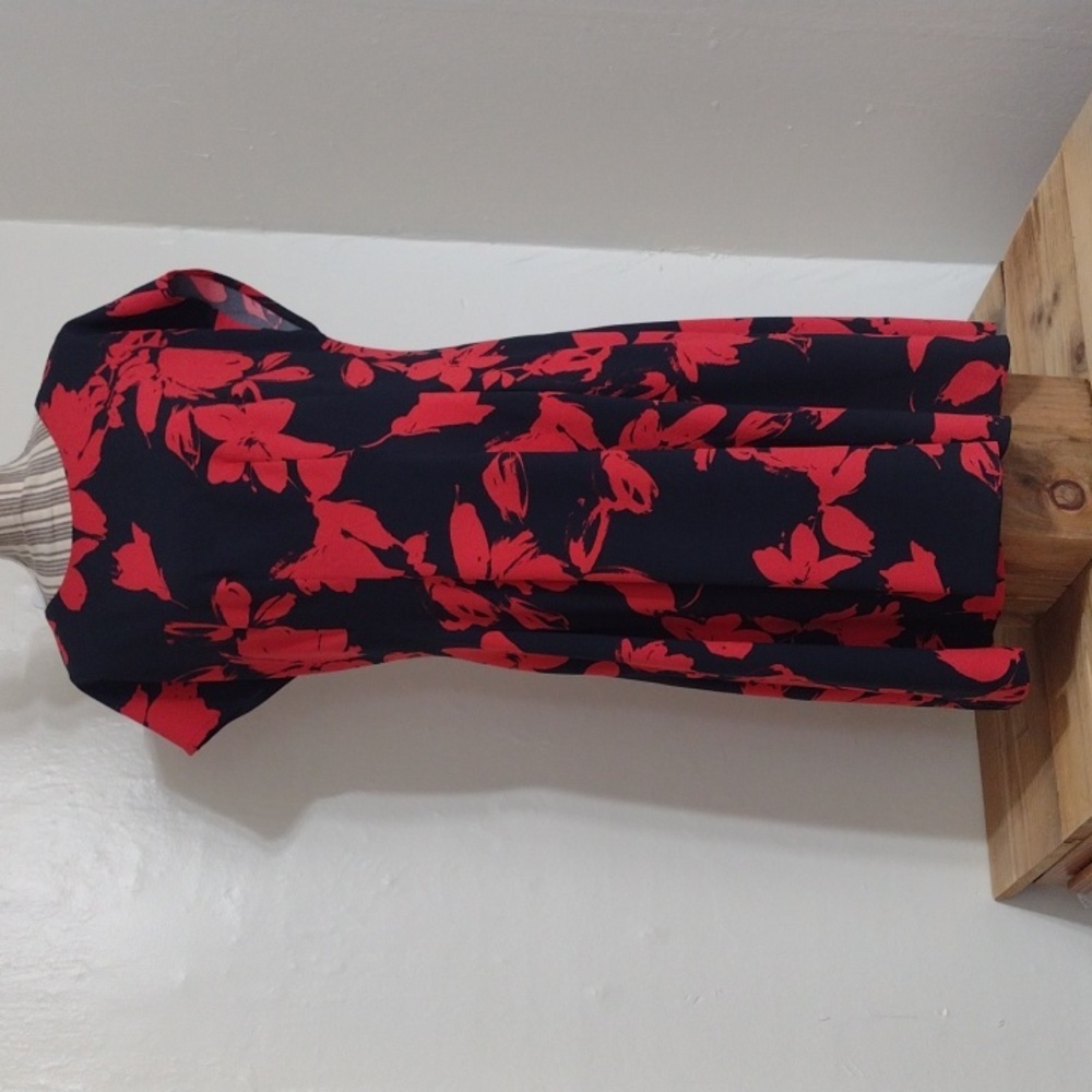 Veronika Maine Red & Navy Floral Print Midi Dress w Pockets Size 14
